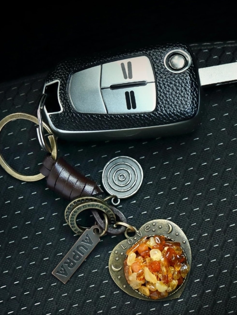 Baltic Amber Heart Bronze & Leather Keychain - Picture 3 of 5
